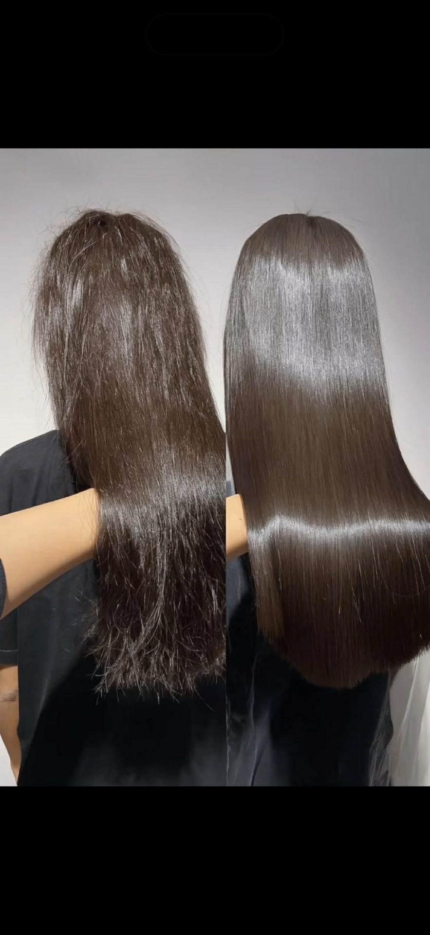 Before and after keratin smoothing treatment showing frizz turned sleek and straight